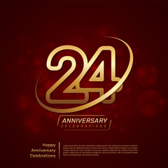 Template design for 24th anniversary with gold ring and double line numbers style, line art vector template