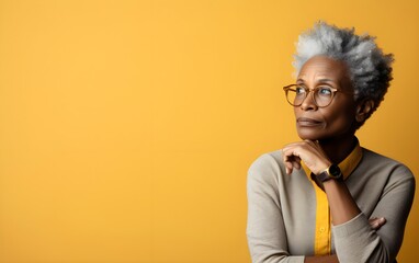 Senior African American woman wearing casual clothes and glasses skeptic and thoughtful, disapproving expression on face, copyspace. Modern pastel bright trendy yellow background. AI Generated