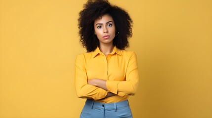 Portrait of a lovely angry young African girl wearing casual clothing standing isolated over pastel pink, yellow background, genderless, non-binary, arms folded, ethnic, banner, jealous, AI Generated