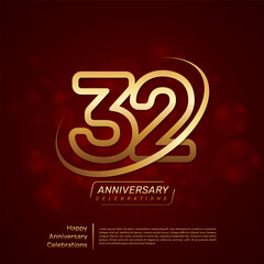 Template design for 32th anniversary with gold ring and double line numbers style, line art vector template