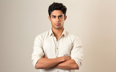 Offended sad angry Indian young man with arms crossed blowing his lips looking at camera isolated on pastel blue, pink background. Conflict anger concept, AI Generated