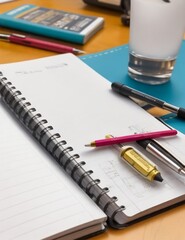 Close up of a notebook with lots of pens and pencils, other books in background, a cup of lemonade to the side