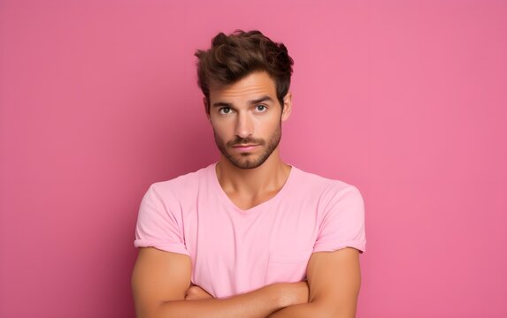 Offended Sad Angry Caucasian Young Man With Arms Crossed Blowing His Lips Looking At Camera Isolated On Pastel, Bright Trendy Pink Background. Conflict Anger Concept, AI Generated