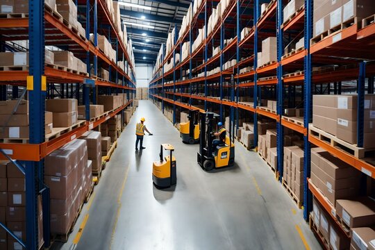 A bird's-eye view of a busy warehouse, where a skilled worker in uniform is using a pallet jack to transport goods across the floor
