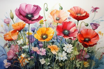 Obraz premium Watercolor of a meadow, with a vibrant colourful wildflowers