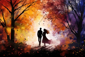 Obraz na płótnie Canvas Young couple walking in autumn park, illustration