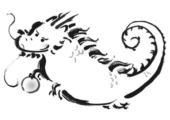 年賀状 イラスト、手描き筆書き和風素材の辰、龍