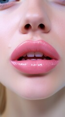 Fototapeta premium pink sensual lips with bright shiny lipstick, young female face, make up cosmetics, close up, generative ai