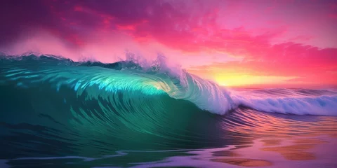 Fotobehang Heavenly sunset ocean wave front Ocean waves with pink sunset © Julien