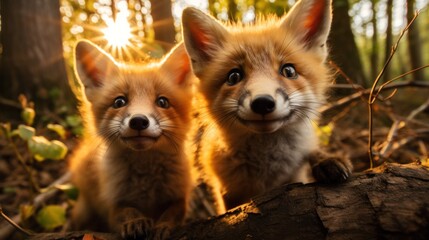 Close-up of two red foxes, Vulpes vulpes, in the forest
