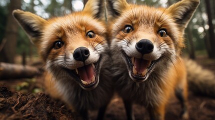 Fototapeta premium Close-up of two red foxes, Vulpes vulpes, in the forest