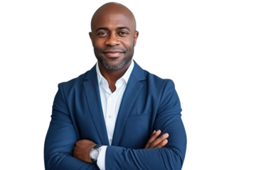 Business man portrait isolated on white transparent background, Afro businessman in suit, crossed arms, PNG