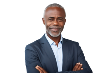 Business man portrait isolated on white transparent background, Afro businessman in suit, crossed arms, PNG