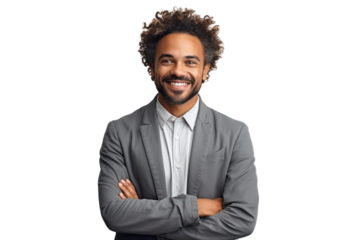 Business man portrait isolated on white transparent background, Afro businessman in suit, crossed arms, PNG