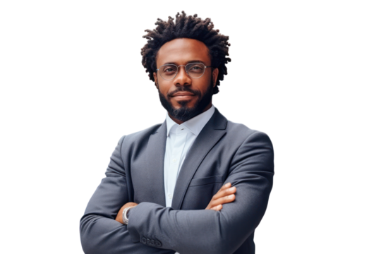 Business man portrait isolated on white transparent background, Afro businessman in suit, crossed arms, PNG