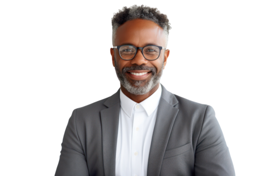 Business man portrait isolated on white transparent background, Afro businessman in suit, crossed arms, PNG