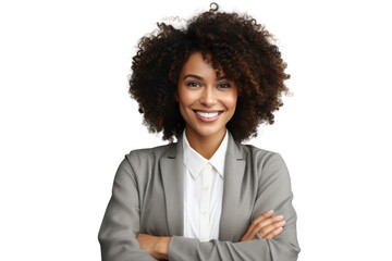 Fototapeta na wymiar Business woman portrait isolated on white transparent background, Afro businesswoman in suit, crossed arms, PNG