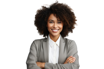 Business woman portrait isolated on white transparent background, Afro businesswoman in suit, crossed arms, PNG