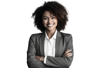 Fototapeta na wymiar Business woman portrait isolated on white transparent background, Afro businesswoman in suit, crossed arms, PNG