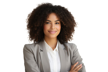 Business woman portrait isolated on white transparent background, Afro businesswoman in suit, crossed arms, PNG
