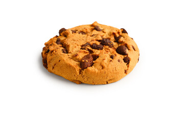 Tasty cookie with chocolate chips on white background