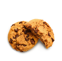 Tasty cookies with chocolate chips on white background