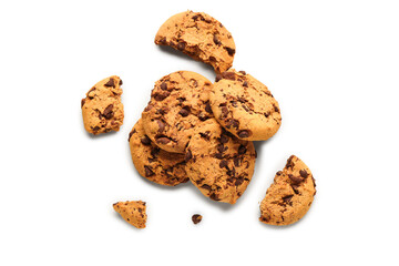Tasty cookies with chocolate chips on white background