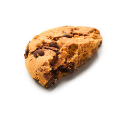 Piece of tasty cookie with chocolate chips on white background