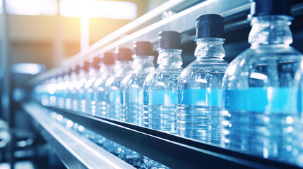 Fresh drinking water bottles on production line with big machine at Beverage factory interior,...