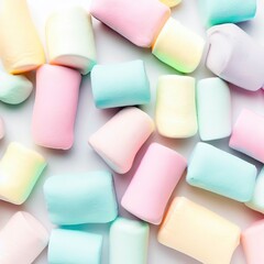 Colorful pastel marshmallow on white background. Ingredient for cooking dessert, snack for movie night and unhealthy sweets. Top view, copy space