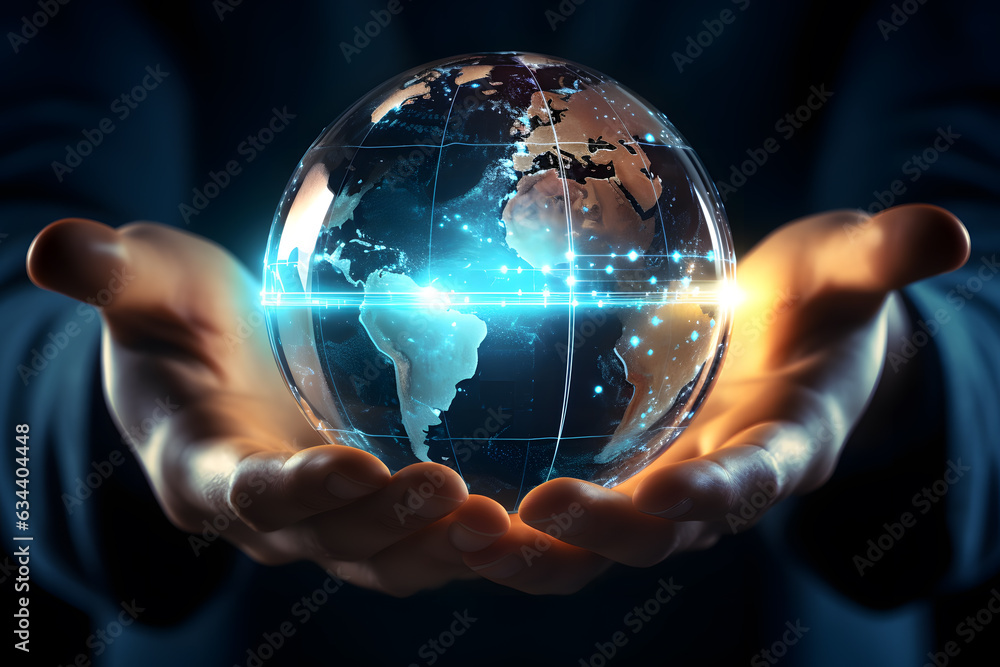 Wall mural a finger touching virtual hologram of planet earth globe. concept of the digital world ai generated