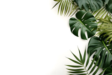 palm and monstera leaves on white background. Natural floral backdrop ai generated