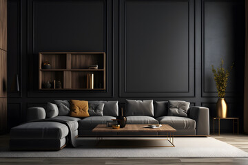 Interior design of living room with gray sofa over black stucco wall with wooden panelling ai generated