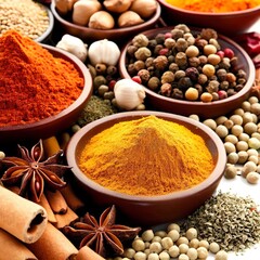 A selection of spices from the spice market on white background