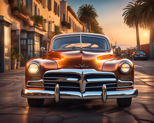 modified vintage hot rod car on a sunset beach alley - generative ai