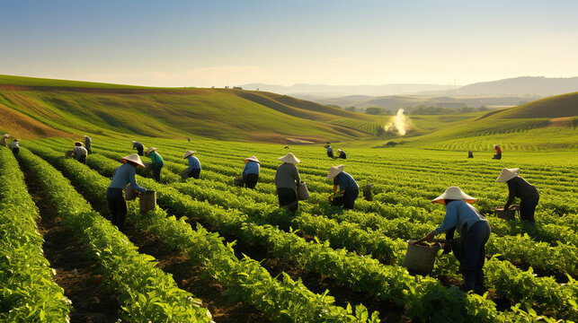 Farmworkers laboring in the field. Significance of manual labor in the agricultural sector, focusing on the diligence and hard work of farmworkers who contribute to food production.