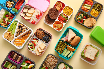 Many lunchboxes with different delicious food on pale yellow background