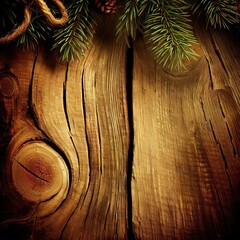 old planked wood board with pine tree branch and decoration