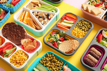 Many lunchboxes with different delicious food on yellow background