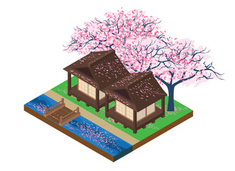 Isometric Japanese-style village by the river with a wooden bridge and cherry blossoms.
vector illustration isolated on white background.