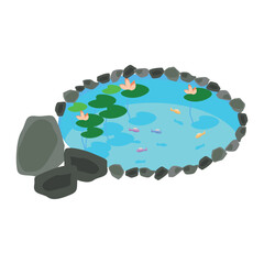 stone-lined pond with fish and water lilies.vector illustration isolated on white background