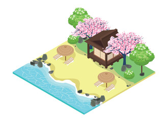 Japanese style isometric beach with house, rocks, trees, sun loungers and cherry blossoms.vector illustration isolated on white background.
