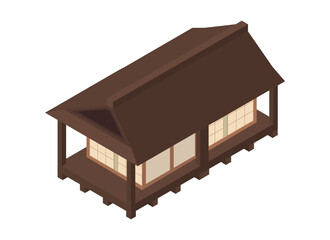 old wooden long house in japanese style. Vector isometric illustration isolated on white background.