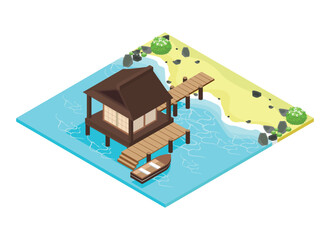 Japanese style isometric beach with water house, rocks, boat and vegetation.vector illustration isolated on white background.
