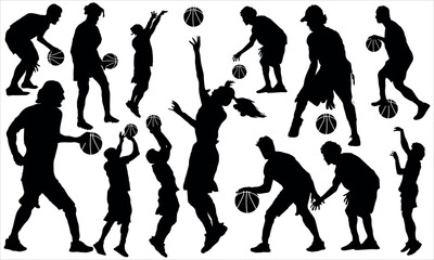 silhouettes and basketball vector set of players