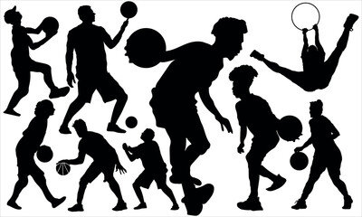 silhouettes and basketball vector set of players