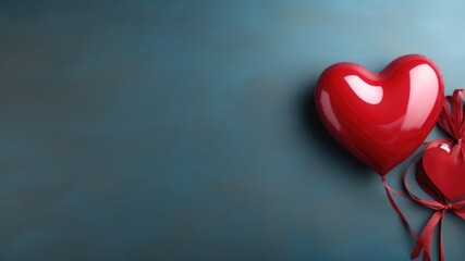 Red hearts balloon with ribbons on a dark teal background, layout for best wishes and party celebration background with copy space for text