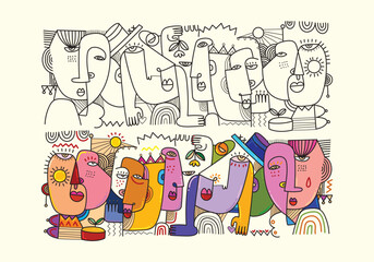 Abstract geometric decorative face portraits shapes lines and cubism hand drawn vector illustration. Isolated on white background.