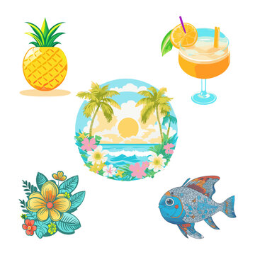 Tropical set, vacation rest relaxation. Cocktail sea ocean beach island fish pineapple flowers. Beach collection. Scrapbooking, tag, invitation, sticker set. Isolated vector.