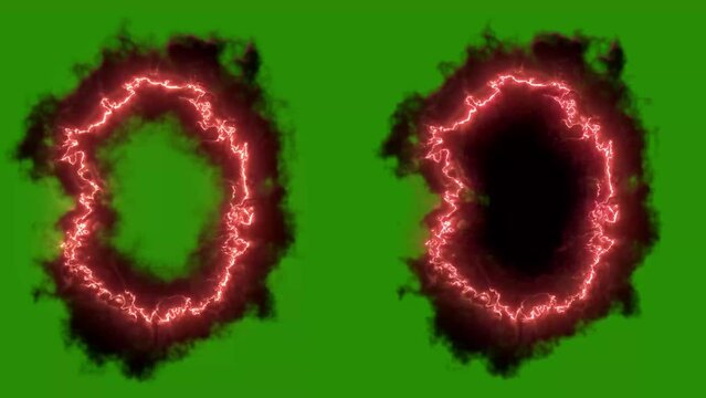 Green screen of round magic shape as interdimensional portal magic with dark smoke, VFX Red lighting. One got hole in the middle and full of black on the other. 4k Video.
